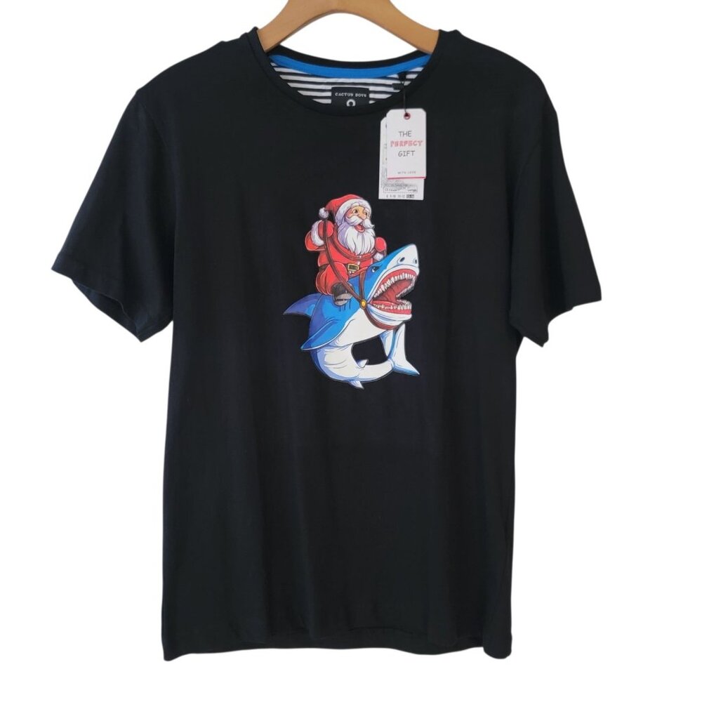 Cactus Boys‎ Santa Riding Shark T-shirt Size 13/14 Christmas Holiday Shirt NWT